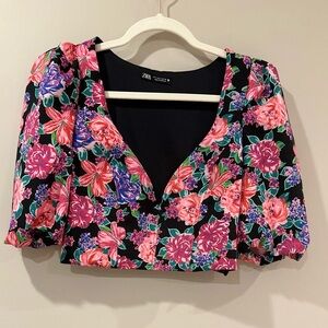 NWOT Zara Black Floral Blouse